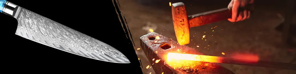 Lame du Gyuto Ciel de Nara forgée en 67 couches d’acier damas, assurant solidité, tenue du tranchant et esthétique distinctive.
