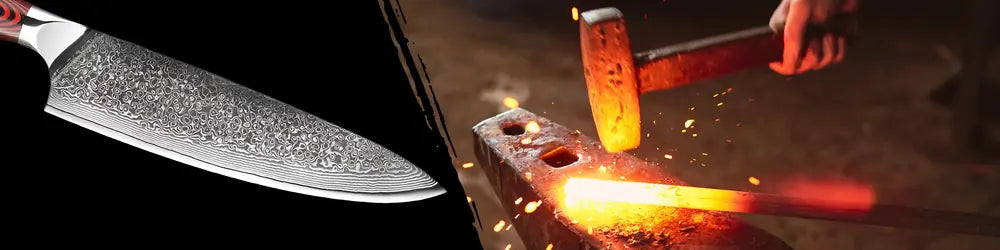 Lame du Gyuto Chef Stratège forgée en 67 couches d’acier damas, offrant robustesse, rigidité et tranchant durable.