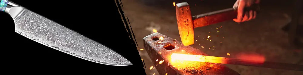 Lame du Gyuto Lame Céleste forgée en 67 couches d’acier damassé, alliant dureté, flexibilité et durabilité.