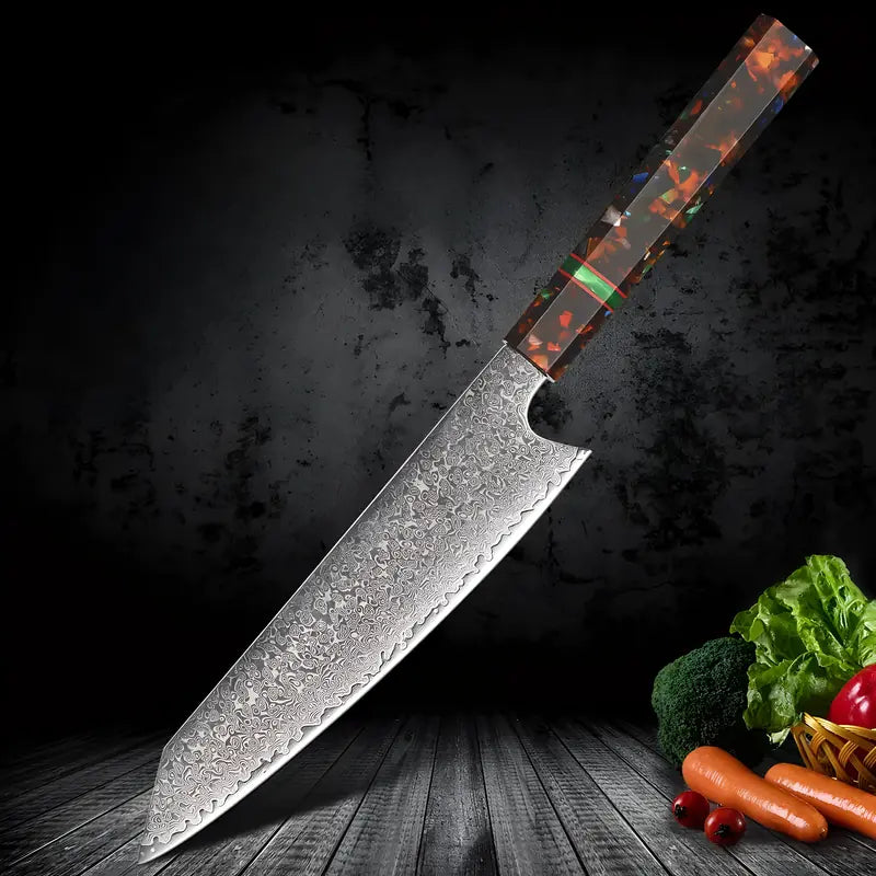 Kiritsuke japonais Chef Samouraï photographié sur fond noir, lame brillante et manche coloré mis en valeur.