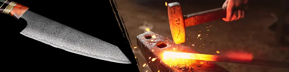 Lame du Kiritsuke Chef du Clan forgée en 67 couches d’acier damassé, conçue pour robustesse et tranchant durable.