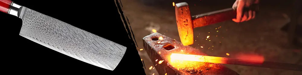 Lame du Nakiri Flamme de Kyoto composée de 67 couches d’acier damassé forgées artisanalement pour offrir robustesse et motifs uniques.