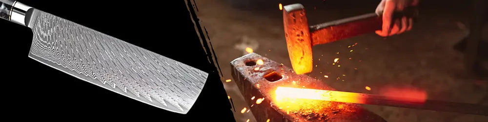 Lame en acier damas 67 couches du Nakiri Essence de Tsubaki forgée artisanalement pour garantir robustesse équilibre et tranchant durable.