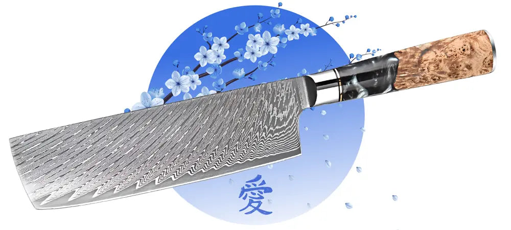 Essence de Tsubaki un Nakiri où l’élégance du bois stabilisé rencontre la technicité de l’acier damassé.