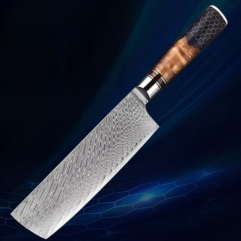 Le Nakiri Vent de Kaede mis en scène sur fond sombre mettant en valeur sa lame damassée et son design raffiné.