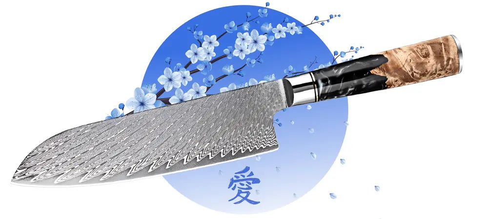 Couteau Santoku Lame du Bushido conçu pour les chefs exigeants à la recherche d’un équilibre parfait entre précision et maîtrise.