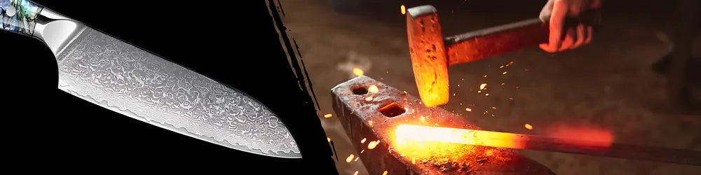 Processus de forge du Couteau Santoku Japonais lame céleste en acier damas.