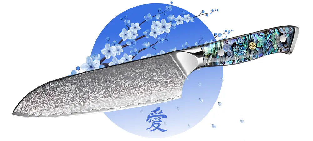 Couteau Santoku Japonais damassé avec un manche de type occidental et un design élégant.