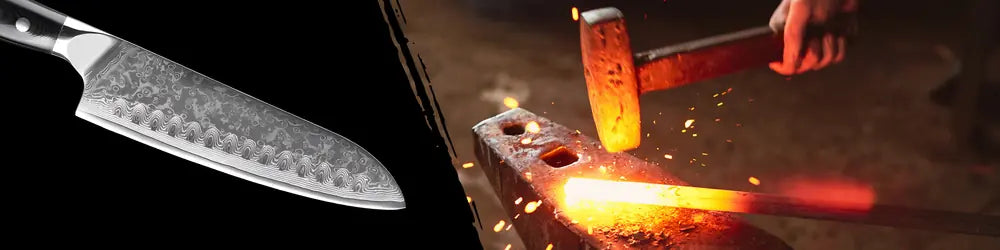 Fabrication artisanale d'une lame de Santoku, avec marteau rougeoyant sur une enclume symbolisant la forge traditionnelle du VG-10.