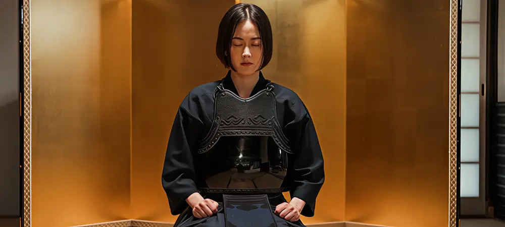 Femme japonaise au regard calme, vêtue d’un kimono évoquant l’esprit samouraï.