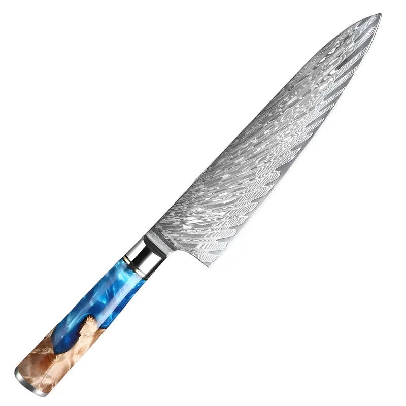 Gyuto japonais Ciel de Nara avec lame en acier damas 67 couches et manche en bois stabilisé et résine bleue translucide.