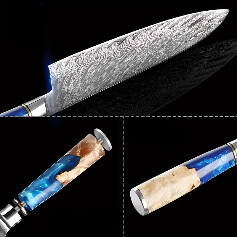 Gyuto japonais Ciel de Nara en détail : lame damassée et manche résine/bois vu sous plusieurs angles.