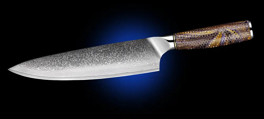 Gyuto japonais Chef Collector avec lame en acier damas 67 couches et manche G10.