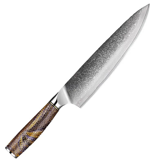 Gyuto japonais Chef Collector avec lame damassée 67 couches et manche multicolre.