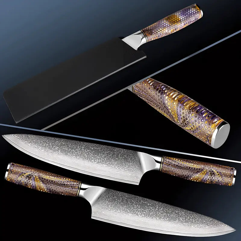 Présentation du couteau Gyuto Chef Collector : lame damas 67 couches et manche alvéolé haut de gamme.