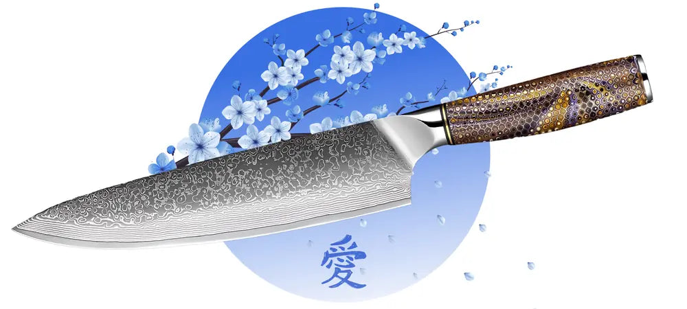 Couteau Gyuto Chef Collector avec profil de lame long et incurvé, manche décoratif.