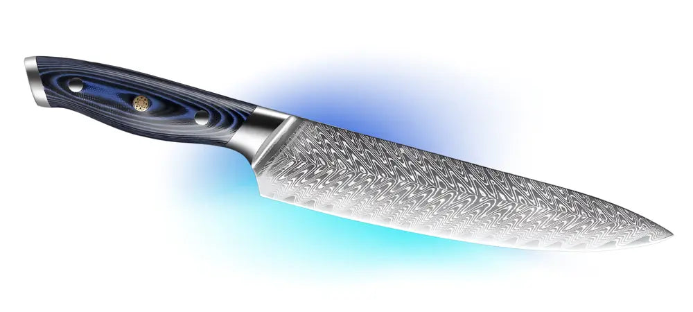 Gyuto Chef Royal, lame longue à profil incurvé et manche ergonomique bleu royal pour une coupe polyvalente.