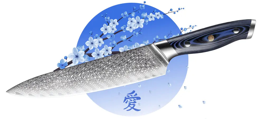 Vue complète du couteau Gyuto Chef Royal, lame damassée visible et manche bleu royalaux reflets brillants.
