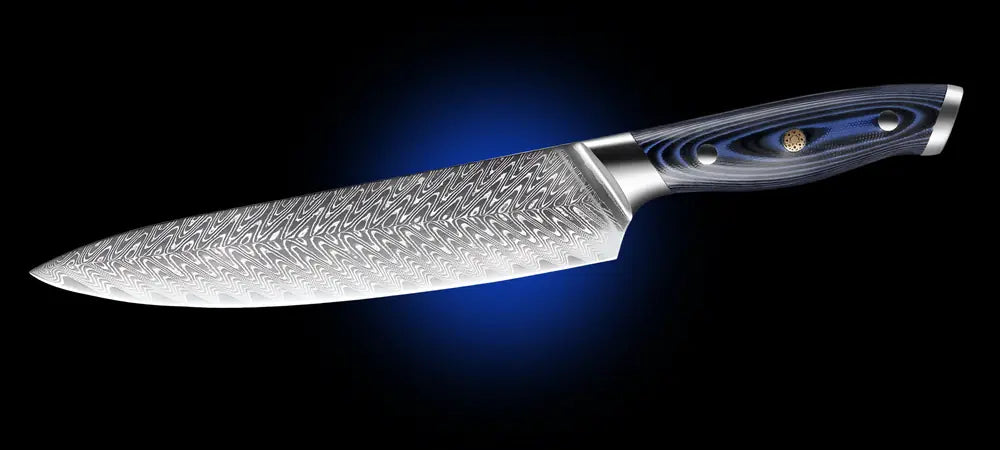 Couteau Gyuto japonais Chef Royal avec lame damassée 67 couches et manche bleu royal en fibre G10 texturée.