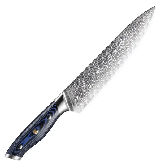Gyuto japonais Chef Royal avec lame damassée 67 couches et manche ergonomique bleu royal.