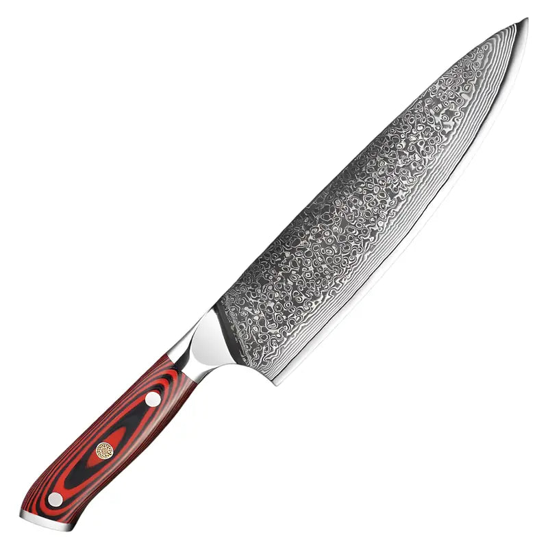 Gyuto japonais Chef Stratège en acier damas 67 couches avec manche en G10 rouge royal design incurvé.