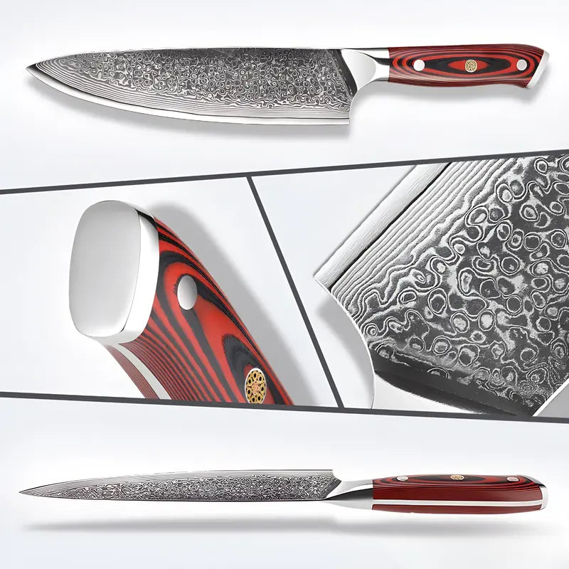 Couteau Gyuto Chef Stratège présenté en détail : lame damas 67 couches, manche ergonomique rouge et noir.