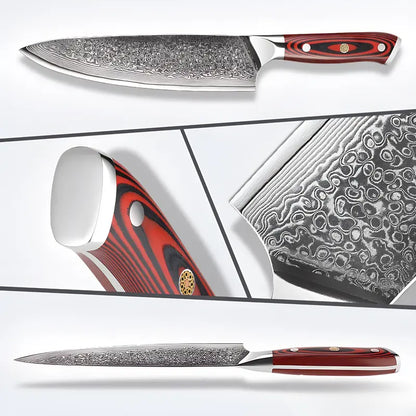 Couteau Gyuto Chef Stratège présenté en détail : lame damas 67 couches, manche ergonomique rouge et noir.