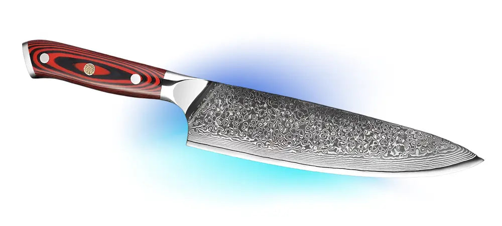 Couteau Chef Stratège en profil Gyuto, lame longue et fine, manche ergonomique rouge royal pour une prise stable.