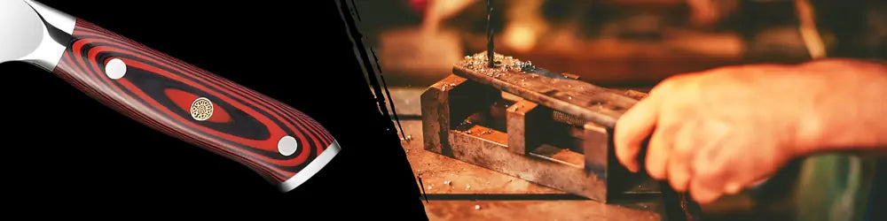 Manche du Gyuto Chef Stratège en G10 rouge et noir, conçu pour un confort optimal et une bonne résistance à l’humidité.