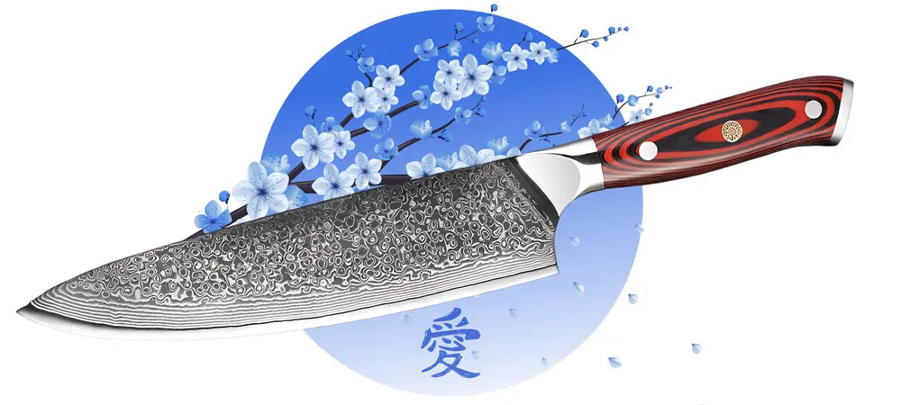 Gyuto Chef Stratège avec lame à motif damassé et manche en matériau composite G10 rouge royal à texture antidérapante.