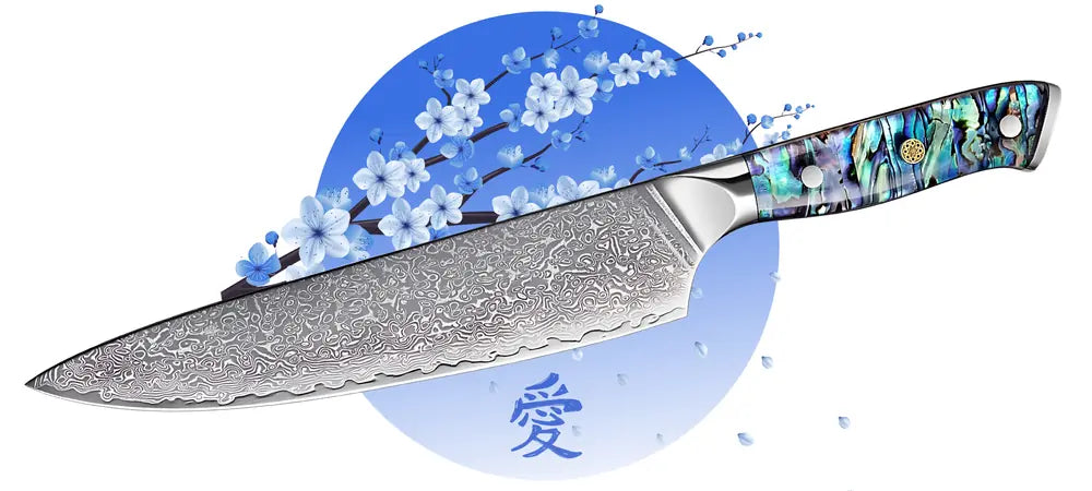 Vue complète du Gyuto japonais Lame Céleste, lame à motif damassé et manche G10 multicolore brillante.