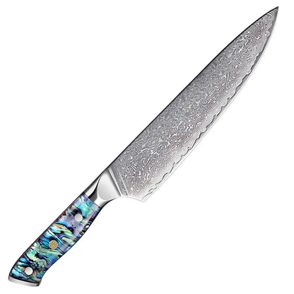 Couteau Gyuto japonais Lame Céleste en acier damas 67 couches avec manche nacré.