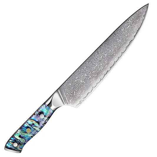 Couteau Gyuto japonais Lame Céleste en acier damas 67 couches avec manche nacré.
