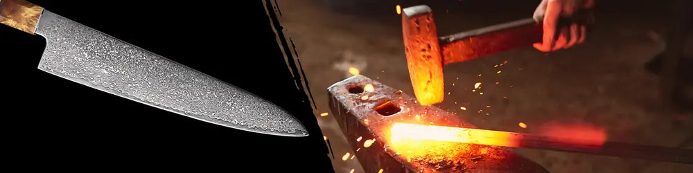 Lame du Gyuto Fleur du Katana forgée en 67 couches d’acier damassé pour assurer résistance, précision et durabilité.
