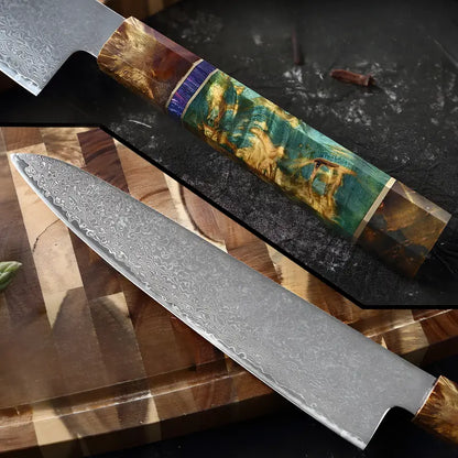 Gyuto japonais Fleur du Katana vu de côté, lame damas brillante et manche bicolore bois.