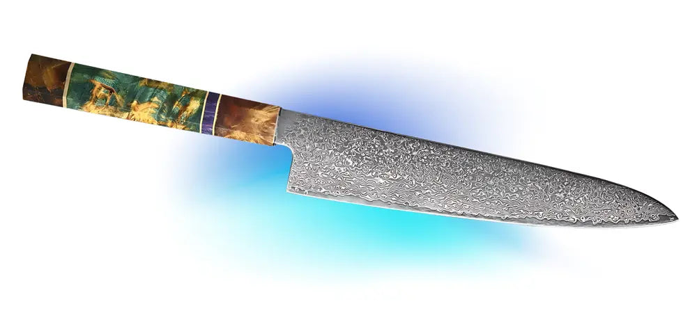 Couteau Fleur du Katana au format Gyuto, lame longue et fine avec manche décoratif bicolore ergonomique.
