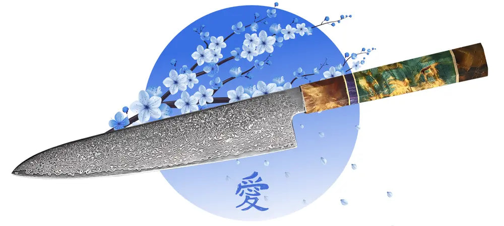 Vue du Gyuto Fleur du Katana avec lame damassée à motif ondulé et manche en boi stabilisé.
