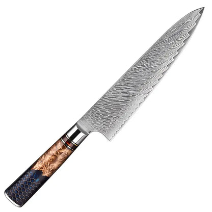 Gyuto Chef Impérial en acier damas 67 couches, avec manche en bois stabilisé et résine.