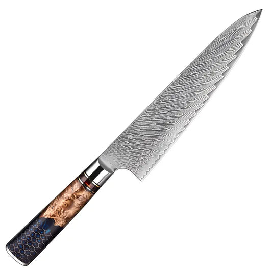 Gyuto Chef Impérial en acier damas 67 couches, avec manche en bois stabilisé et résine.