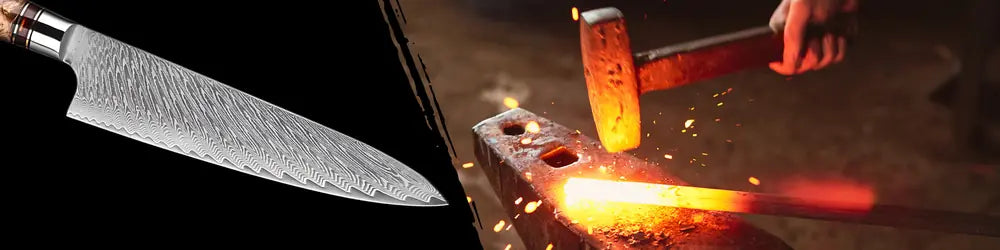 Lame du Gyuto Chef Impérial forgée en 67 couches d’acier damas pour robustesse, tranchant et durabilité.