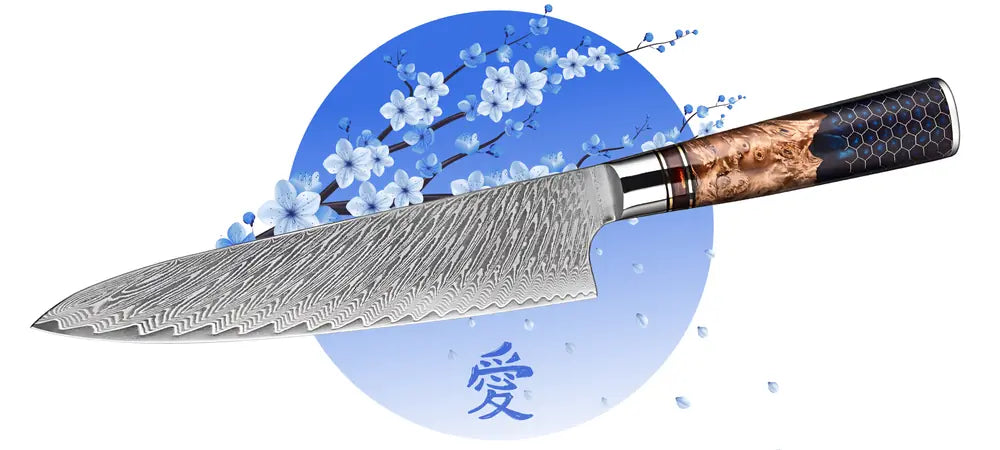 Vue complète du Gyuto Chef Impérial, lame damassée et manche bois clair et résine alvéolée.