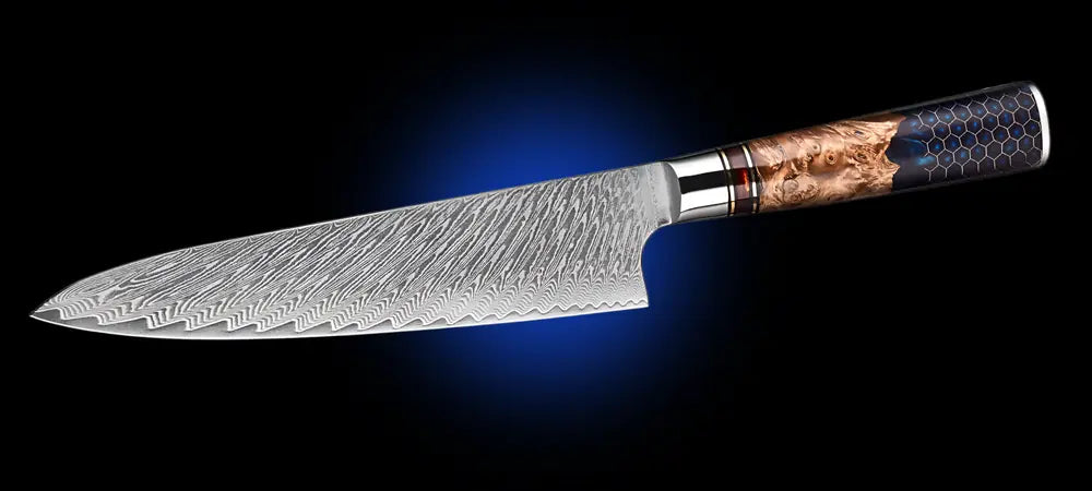 Couteau Gyuto japonais Chef Impérial avec lame damassée longue et manche en bois stabilisé et résine.