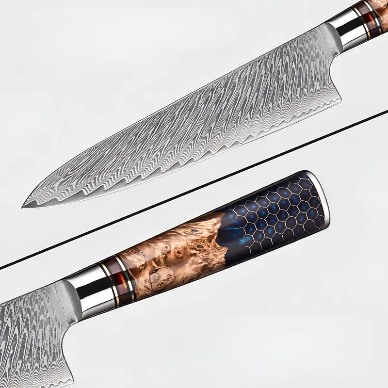 Couteau Gyuto Chef Impérial affiché en vue éclatée : lame damassée 67 couches et manche bois/résine nid d'abeille.