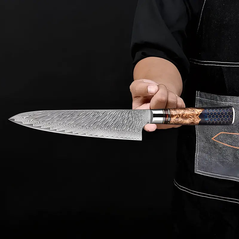 Couteau Gyuto Chef Impérial affiché en vue éclatée : lame damassée 67 couches et manche bois/résine nid.