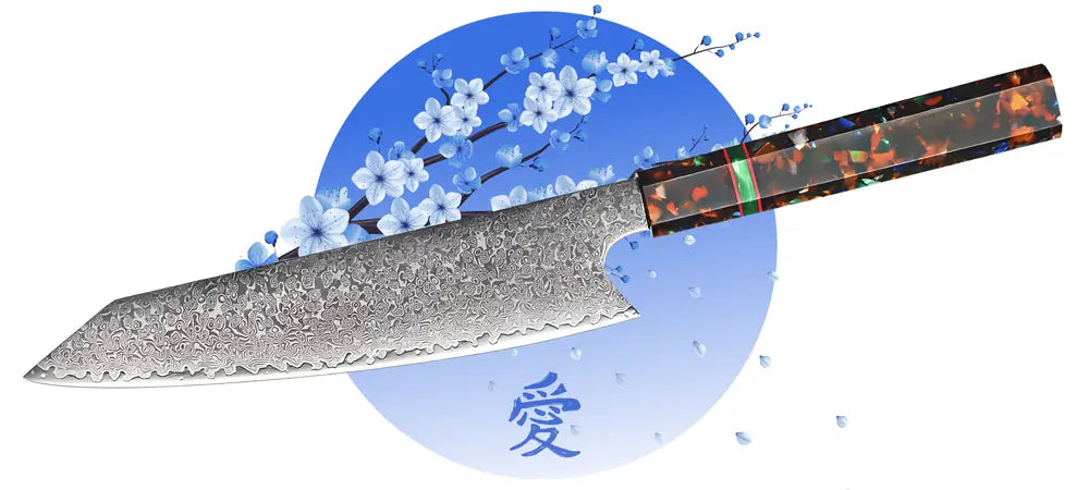 Kiritsuke Chef Samouraï avec finition damassée marquée et manche droit multicolore sans rivet.