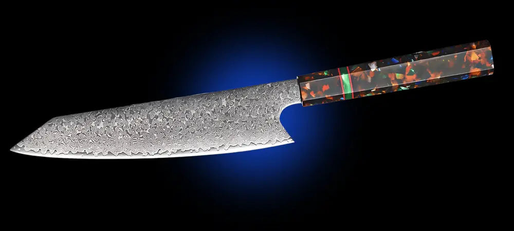 Couteau Kiritsuke Chef Samouraï avec lame en acier damas 67 couches et manche G10 multicolre.