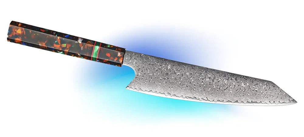 Vue complète du Kiritsuke japonais Chef Samouraï, lame longue à profil anguleux et manche G10.