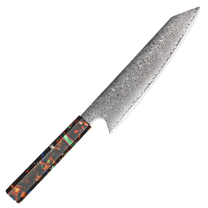 Kiritsuke japonais Chef Samouraï avec lame damassée 67 couches et manche rectangulaire en G10 multicolore.