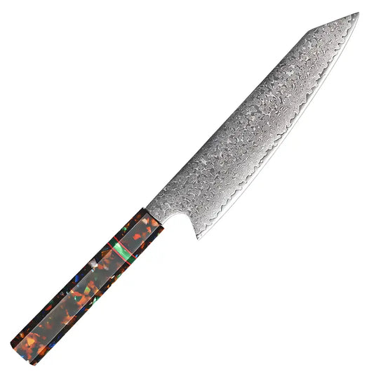 Kiritsuke japonais Chef Samouraï avec lame damassée 67 couches et manche rectangulaire en G10 multicolore.