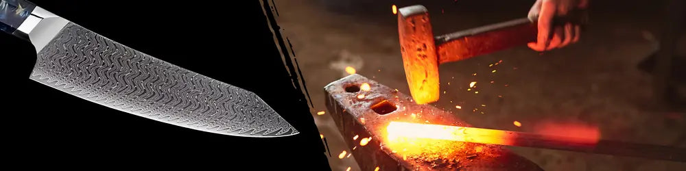 Gros plan sur la lame du Chef Légendaire, structure damassée à 67 couches en acier inoxydable, finition brillante.